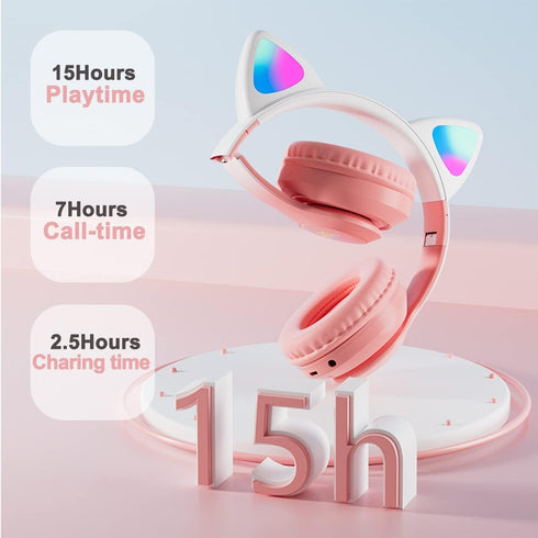 Kids Bluetooth Headphones, Wireless Over-Ear Headphones with Microphone, Cat Ear Design for Girls, Teens, Adults (New