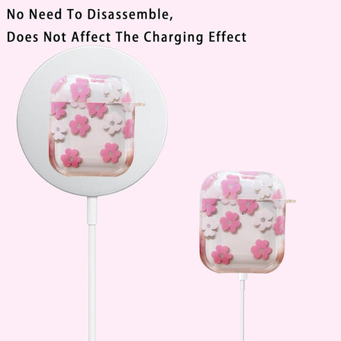 Pink Floral Clear Cover for AirPods 2 Case 1st Generation 2021, Cute Flower Pendant, Cleaning Pen Strap Accessories Set