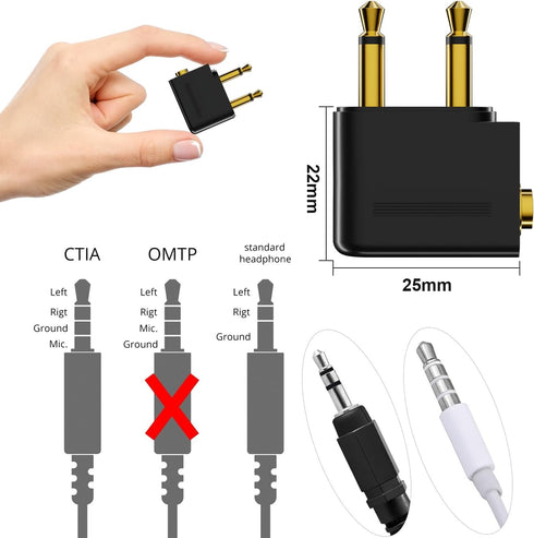 Gold Plated Airplane Headphone Adapter - Dual 3.5mm Male to Female, 3-Pack for Audio Jack & Earphones.