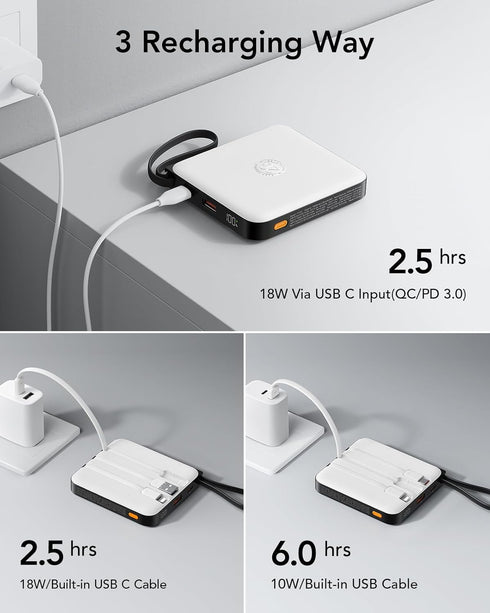 VRURC Portable Charger with Built-in Cables, 10000mAh Battery Pack PD 20W for iPhone, 22.5W USB C Travel Power Bank