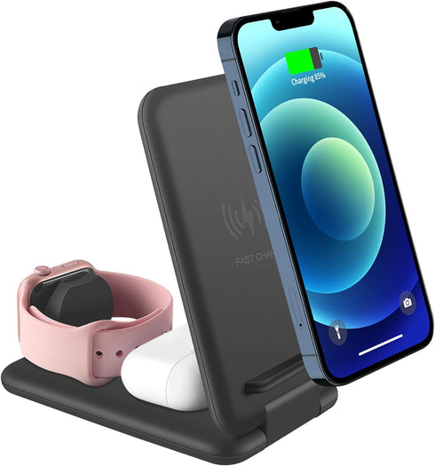 Wireless Charger, 3 in 1 Qi-Certified Folding Fast Charging Station for iPhone 14/13/12/11, Apple Watch, AirPods