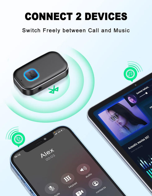 COMSOON Bluetooth AUX Adapter for Car, Noise Reduction Bluetooth Receiver for Music/Hands-Free Calls, 16H Battery Life,