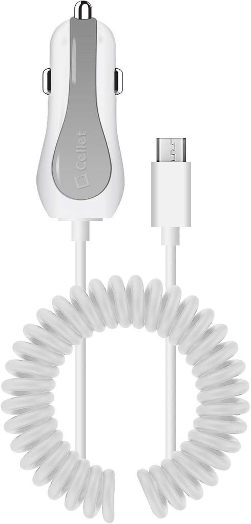 Cellet Micro-USB Car Charger with Built-in Coiled 4ft Long Micro USB Cable (Fast Charging 2.4 Amp)