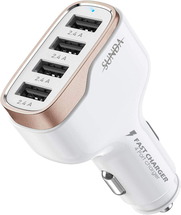 SUNDA 48W/9.6A USB Fast Car Charger, 4-Ports Car Charger Adapter for Apple and Android Smartphones