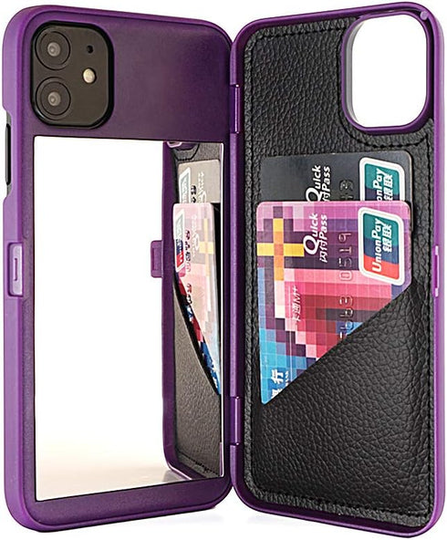 Wallet Case for iPhone 11 with Kickstand and Built-in Mirror, Shockproof Card Holder, Purple