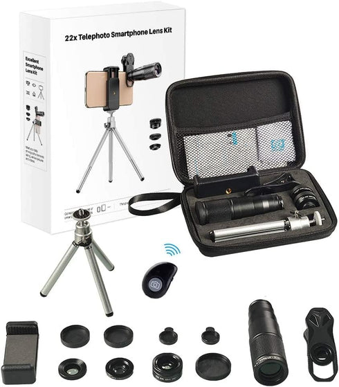 APEXEL 6 in 1 Phone Lens Kit - 22X Telephoto, 205° Fisheye, 120° Wide Angle & 25X Macro Lens, Compatible with iPhone &