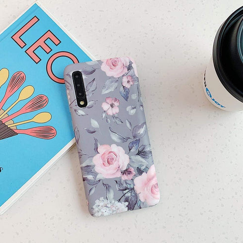 YeLoveHaw Samsung Galaxy A50 Phone Case for Women & Girls, Cute Purple Floral Gray Leaves Pattern, Slim Fit