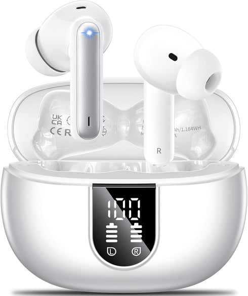 Wireless Earbuds, 2024 HiFi Stereo Headphones with 4 ENC Noise Canceling Mic, 42H Playtime, Bluetooth 5.3, White