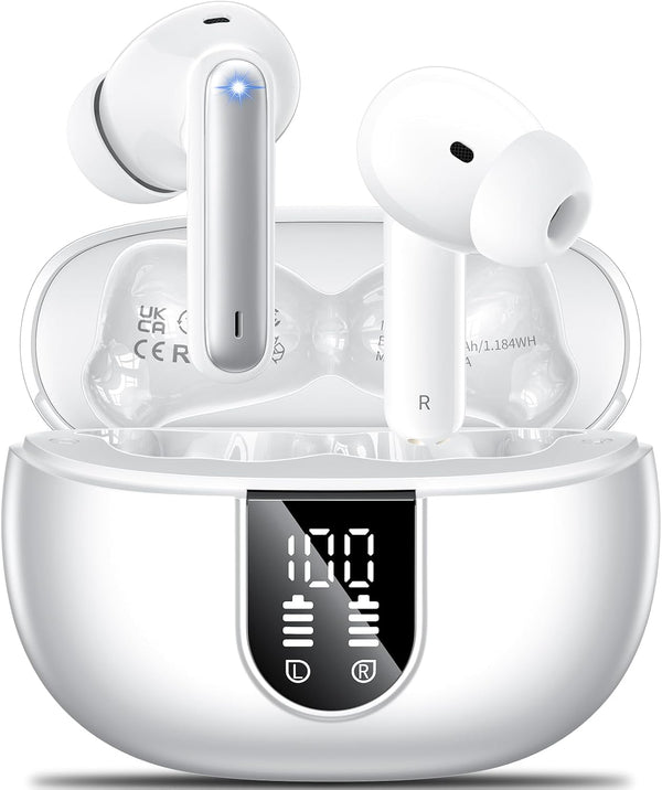 Wireless Earbuds, 2024 HiFi Stereo Headphones with 4 ENC Noise Canceling Mic, 42H Playtime, Bluetooth 5.3, White