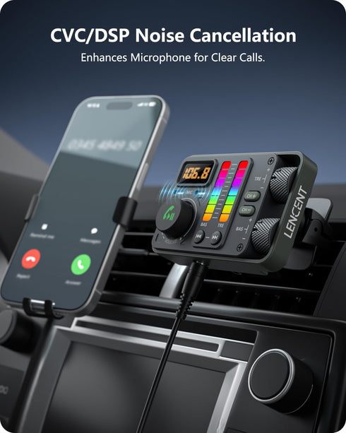 LENCENT Bluetooth 5.3 Car FM Transmitter, Dual Mics for Hands-Free Call, Hi-Fi Treble & Bass Music Player, PD20W QC18W