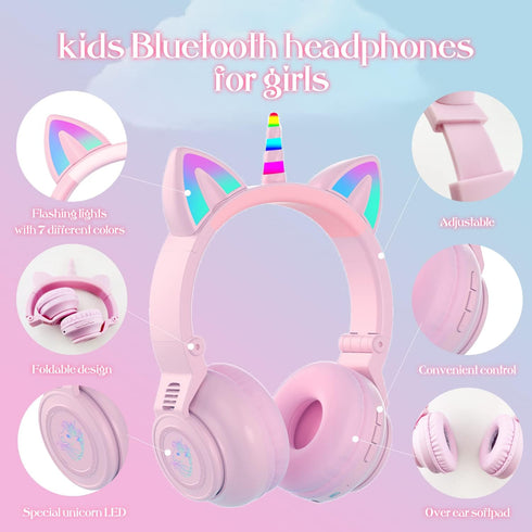 Unicorn Kids Headphones, Foldable Bluetooth Headphones for Girls Boys Toddlers, Light Up Wireless Headphone Birthday