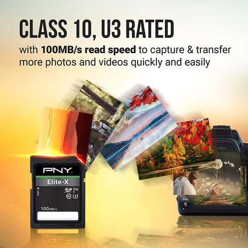 PNY 256GB Elite-X Class 10 U3 V30 SDXC Flash Memory Card, 100MB/s, 4K UHD, Full HD, UHS-I, Full Size SD