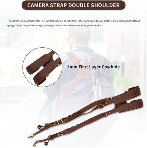 Double Camera Strap, Adjustable Leather Shoulder Strap for Two Cameras (Brown)
