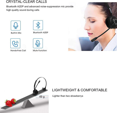 MERAIJIN Trucker Bluetooth Headset, Wireless Over The Head Headphones with Microphone for Cellphone Calls