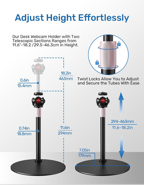 Borenbuir 4K C922 C930e C920S C920 C960 C920x 1/4" Webcam Stand for Desk, Height Adjustable, Desktop Webcam Tripod