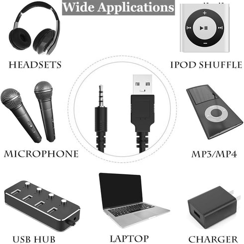HUCAYD 3.5 mm 2.0 MP3 20cm Male AUX Audio Jack to USB Male Charge Cable Adapter Cord Player and Any Other Devices