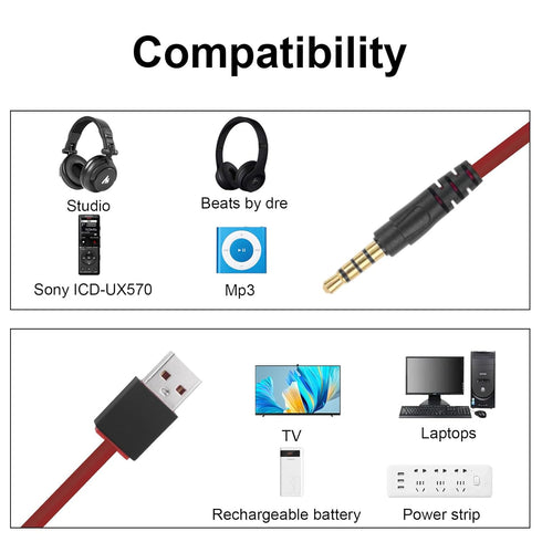 USB to 3.5mm Charging Cable Compatible with Beats by Dre, Studio, Solo Wireless Headphones, 3.3ft