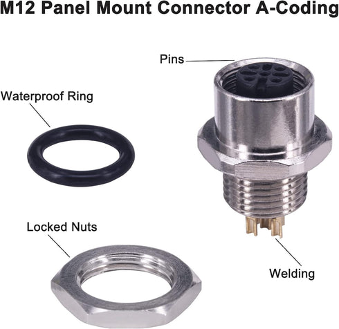 M12 5 Pin Aviation Connector Plugs, 12mm Female Socket Solder Cup, IP67 Waterproof, 5PCS Back Mount Coupling