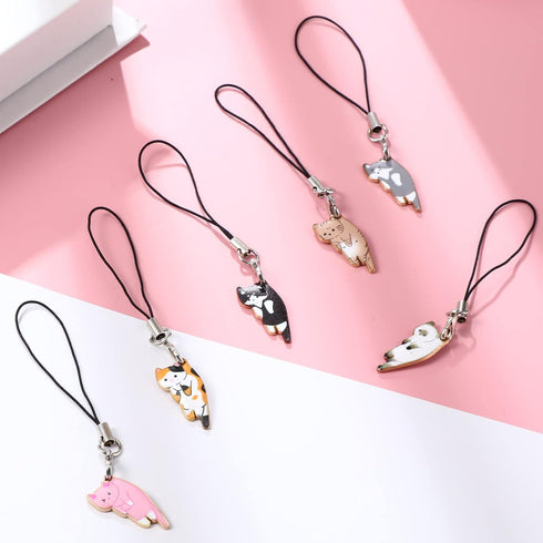 Yinkin 6 Pieces Kawaii Cat Charm for Mobile Phone - Cute Hanging Cat for Backpack, Wallet, Keychain Pendant