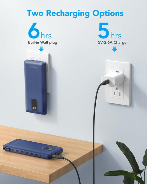 Charmast Portable Charger with Built-in Cables, 10000mAh USB C Power Bank, Fast Charging 15W, Slim External Battery Pack