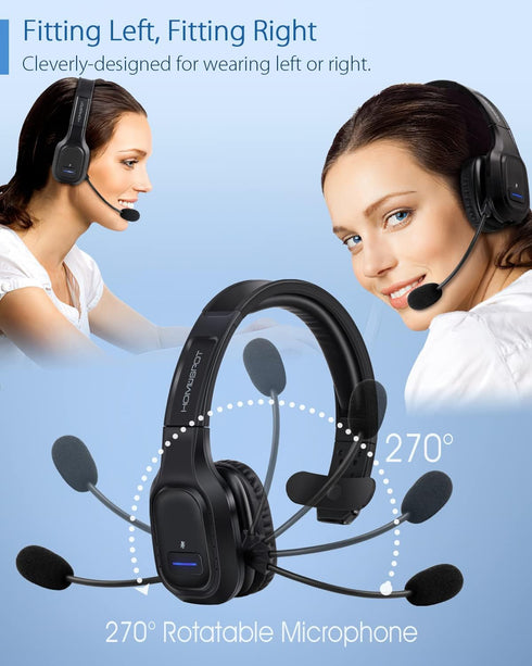 HomeSpot JM100 Trucker Bluetooth Headset with AI Noise Canceling, Wireless Headset with Rotatable Microphone and Big