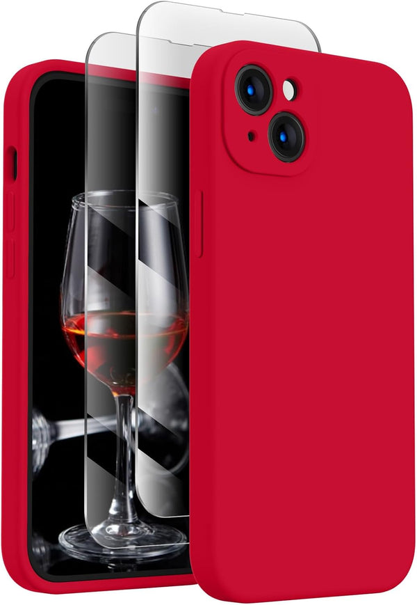 FireNova iPhone 15 Case, Deep Red Silicone with Camera Protection & 2 Screen Protectors, 6.1" Soft Microfiber Lining.