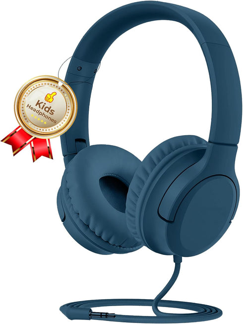 DyBaxa Kids Headphones - Foldable On-Ear, 94dB Volume Limiter, 3.5mm Jack, Dark Blue, Perfect for School & Travel.