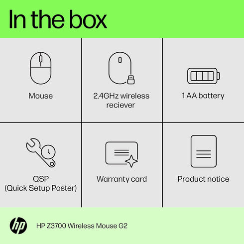 HP Z3700 G2 Wireless Mouse - White, Portable Design, 2.4GHz Receiver, Blue Optical Sensor for PC, Laptop, Mac