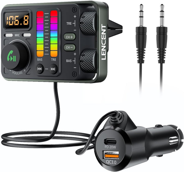 LENCENT Bluetooth 5.3 Car FM Transmitter, Dual Mics for Hands-Free Call, Hi-Fi Treble & Bass Music Player, PD20W QC18W