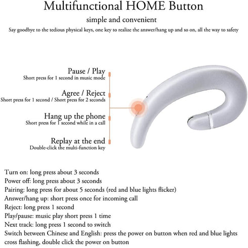 Ear Hook BT Wireless Headphone, Non Ear Plug Headset with Microphone, Single Ear Noise Cancelling Earphones for Android