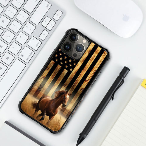 DJSOK iPhone 15 Pro Case: Classic Wood Grain American Flag Horse, Dual Layer Shockproof Rugged Cover for Men, Boys,