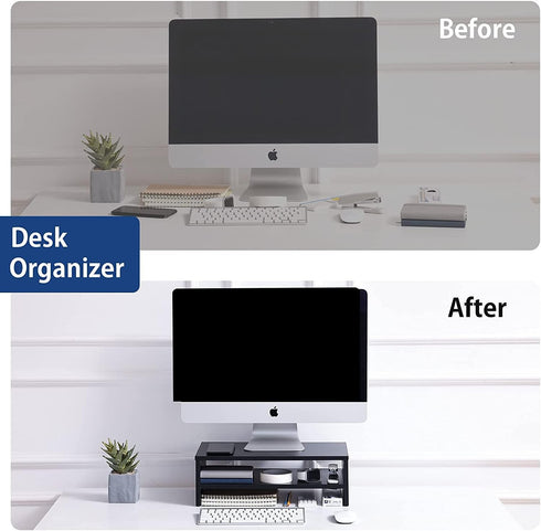 FITUEYES 2 Tier Monitor Stand - Black Wood Desktop Riser with 16.7 Inch Shelf for Laptop, Desk Organization, DT204201WB