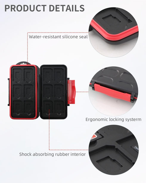 Memory Card Case, Water-Resistant Anti-Shock Holder for 12 SD SDXC SDHC + 12 Micro SD MSD TF Cards Storage Organizer