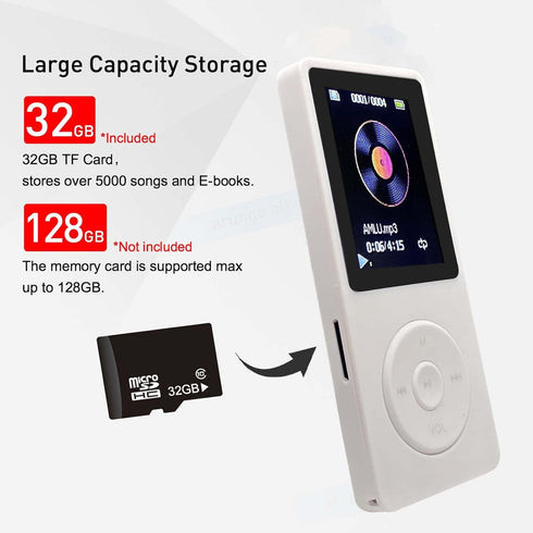 arungo MP3 32GB 1.8 inch 128GB Player with Speaker Earphone Portable Mini White Music Player Support Voice Recorder