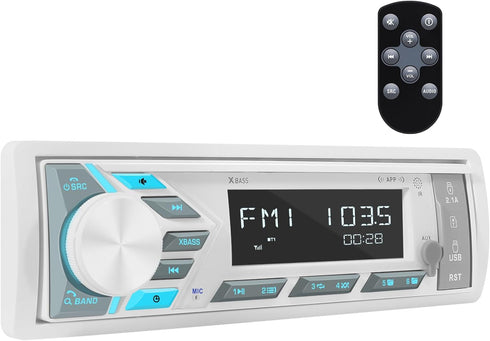 Single Din Marine Stereo Receiver: Bluetooth Boat Radio with Digital LCD Display, AM FM MP3, USB Charging