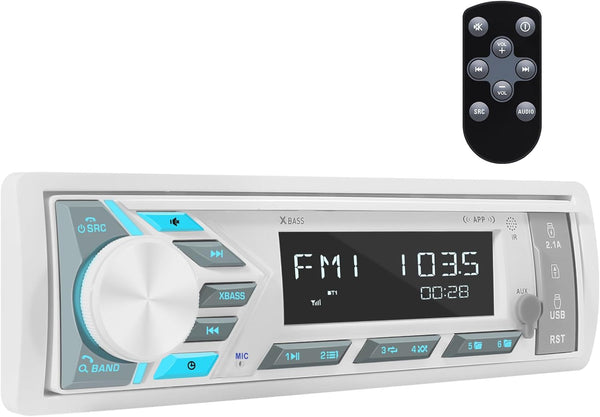 Single Din Marine Stereo Receiver: Bluetooth Boat Radio with Digital LCD Display, AM FM MP3, USB Charging