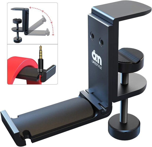 6amLifestyle Foldable Headphone Holder Hook Hanger Stand Under Desk - Metal Headset Wall Mount with Cable Organizer for