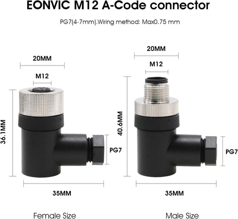 Eonvic M12 8 Pin Female Connector, 12mm A Code IP67 30V 2A AC/DC Industrial Circular Connector (2pcs)