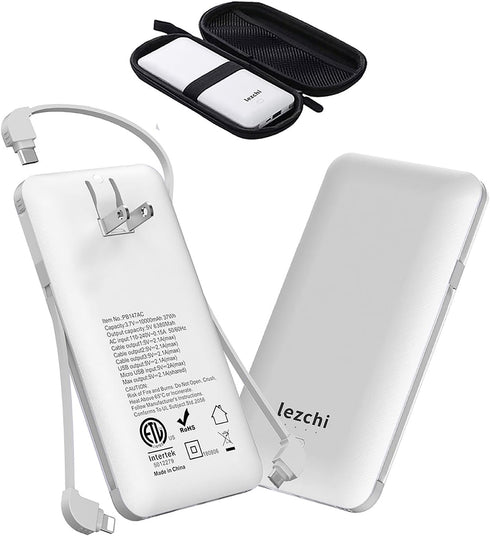 Portable Power Bank 10000mAh, Ultra Slim Charger with Built-in AC Plug, Compatible with All Kinds of Cellphones