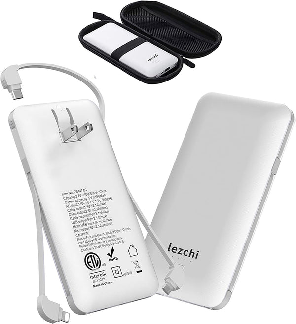 Portable Power Bank 10000mAh, Ultra Slim Charger with Built-in AC Plug, Compatible with All Kinds of Cellphones