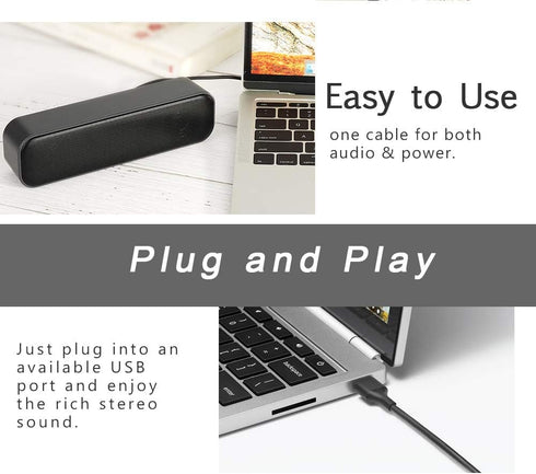 USB Computer Speaker, USB Powered Mini Soundbar, Laptop Stereo Speakers with Space Saving Design