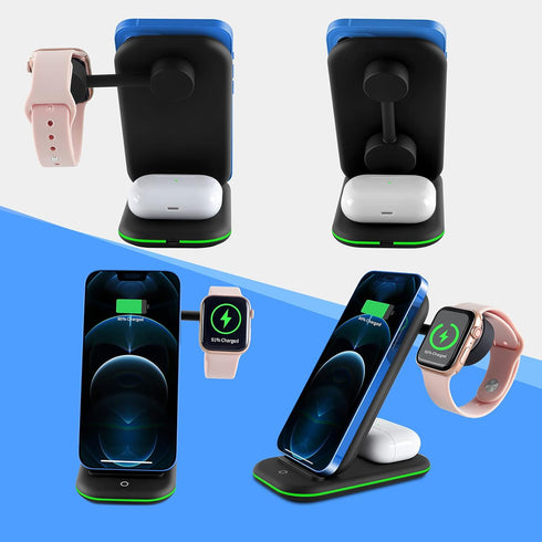 Wireless Charger, 3 in 1 Charging Stand for iPhone, iWatch, Airpods - Black