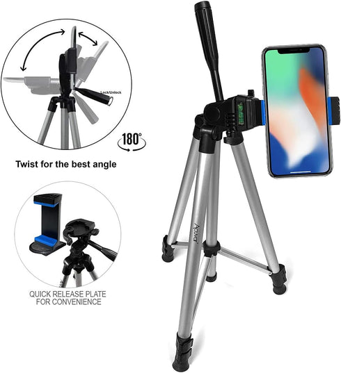 Acuvar 50" Smartphone, Camera & Camcorder Tripod with Phone Mount for All Phones, iPhone & All Samsung Galaxy Cameras
