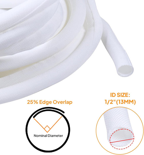 Self-Closing Split Braided Cable Organizer, Curly Cord Protector for Car & Computer Desk Audio Wire Covers, White