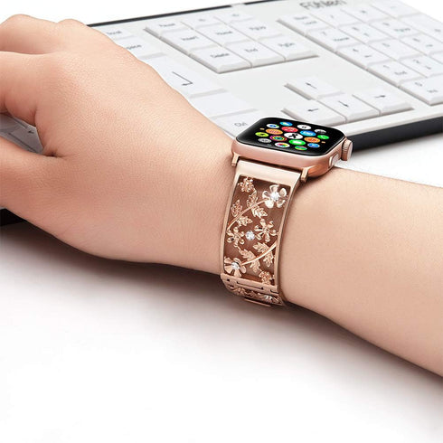 Floral Band Compatible with Apple Watch Jewelry Band 38mm 40mm 41mm 42mm, Bling Crystal Bracelet Strap for Women (Rose