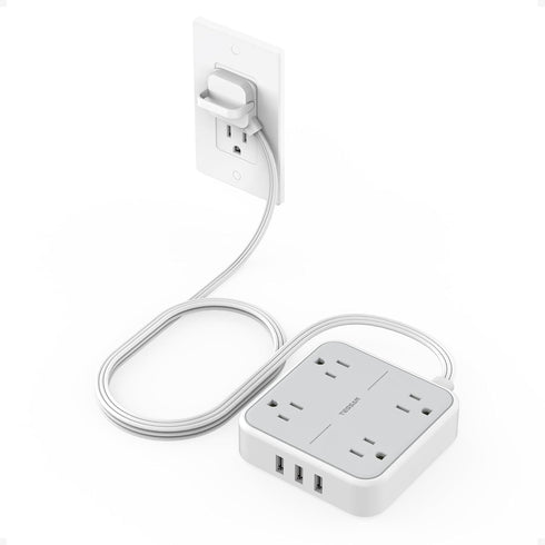Flat Plug Surge Protector Power Strip, TESSAN 5 ft Extension Cord with 4 Outlets and 3 USB Ports, 900J Surge Protector