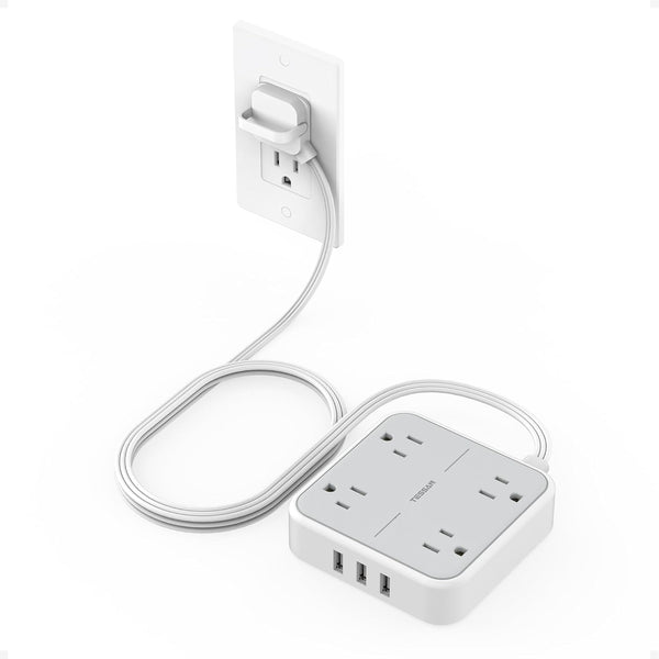 Flat Plug Surge Protector Power Strip, TESSAN 5 ft Extension Cord with 4 Outlets and 3 USB Ports, 900J Surge Protector