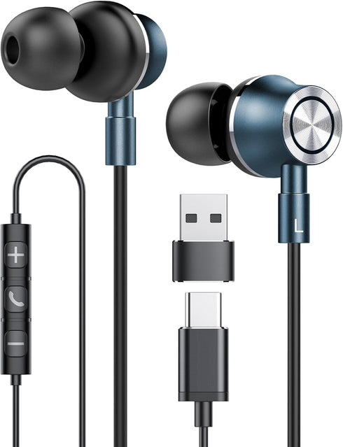 USB C Wired Earbuds with Microphone, Noise Canceling Headset for Laptop, PC, iPad Pro, Samsung, MacBook (Blue)