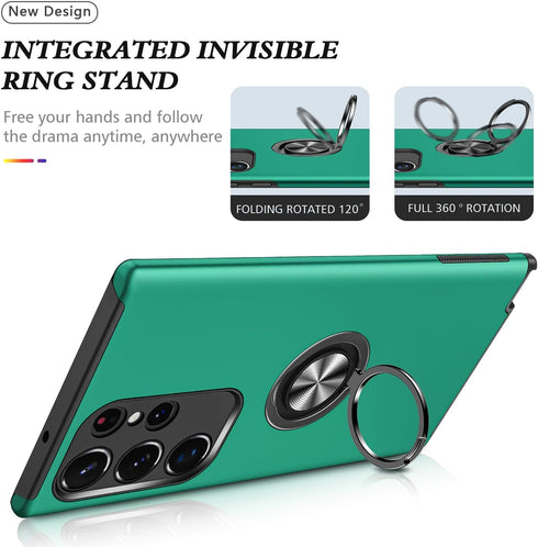Galaxy S24 Ultra Case, Military Grade Shockproof Protective Case with Built-in Ring Holder Kickstand (Dark Green)