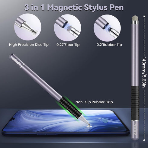 Honiha Stylus Pen for iPad, 3 in 1 Magnetic Pencil with High Sensitivity Disc, Fiber & Rubber Tip - Space Grey